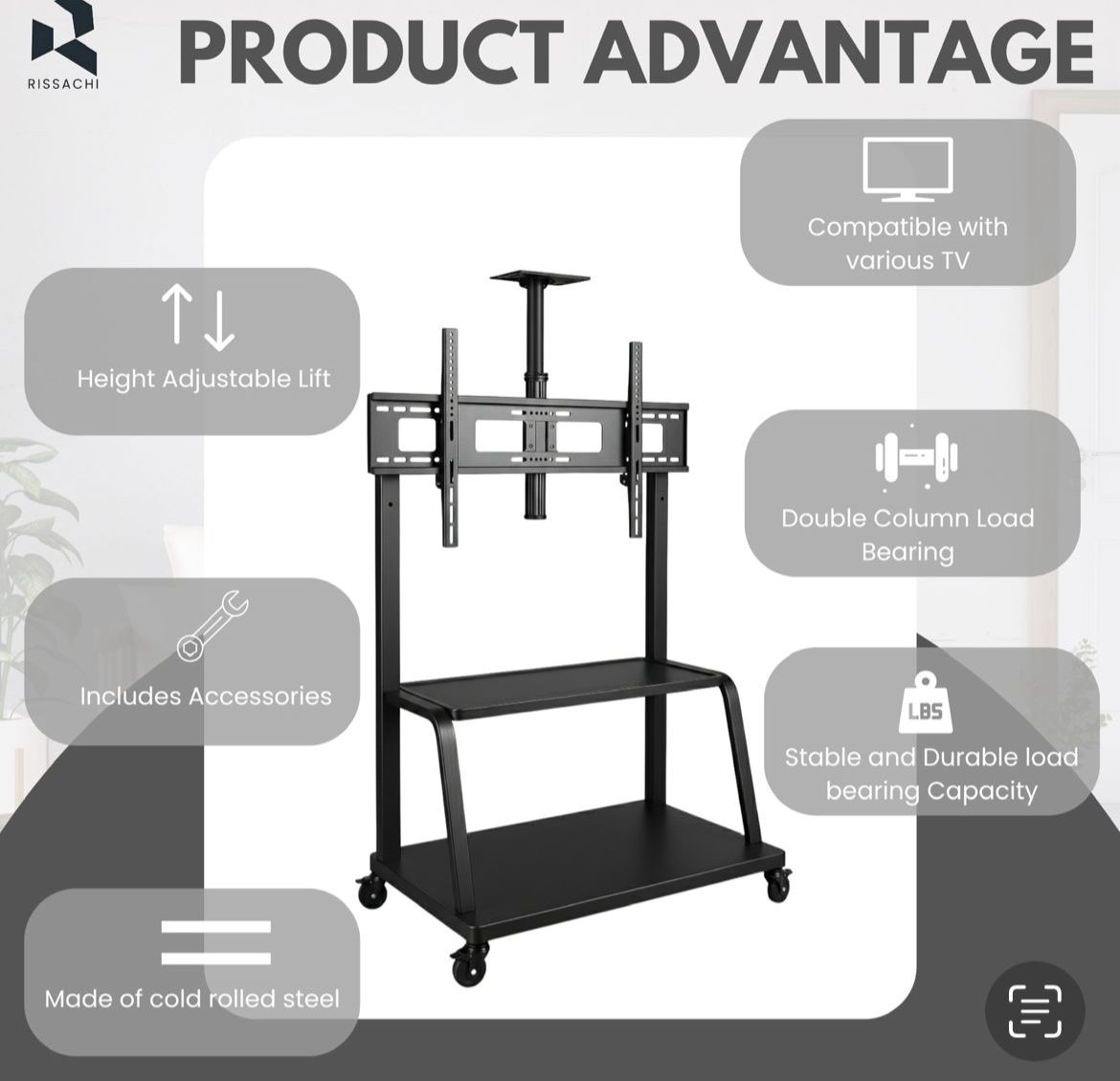 Rissachi LED MOBILE Mount Bracket Stand For 55"-120" TV Trolly Fixed view 2